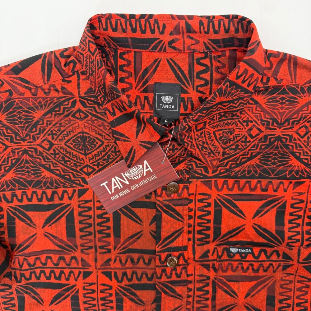 Tanoa Bula Shirt Mens L Red Black Tapa Geometric Tribal SS2103-TS Cotton